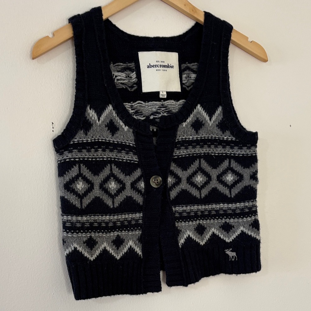 Rare Y2K Abercrombie Moose Nordic Wool Blend Sweater Vest Fair Isle Navy Gray L